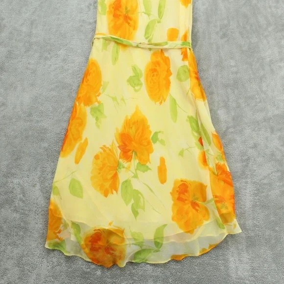 Vintage Mica Dress Women 4 Silk Floral Belted Chiffon Bias Cut 90s Midi Yellow - Picture 7 of 12